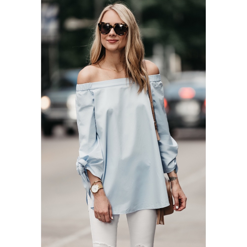 Tibi Womens Sz‎ 12 Blue Satin Cotton Poplin Off the Shoulder Top